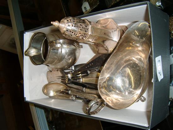 Silver jug, gravy boat, caster, other flatware